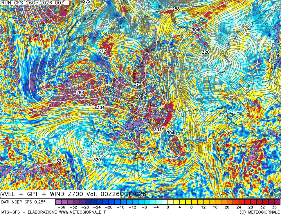 mappa 700 hPa Velocità verticiali + GPT + Vento