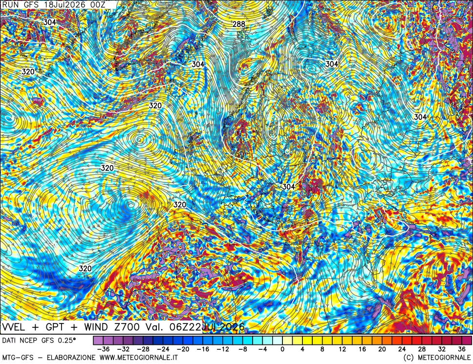 mappa 700 hPa Velocità verticiali + GPT + Vento