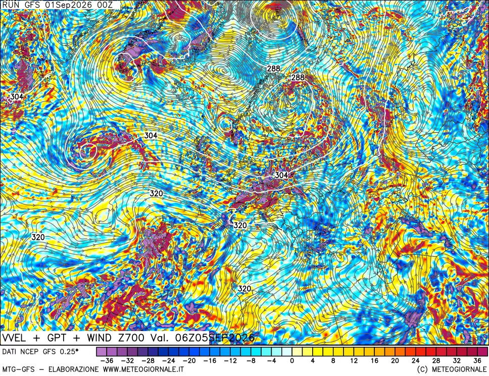 mappa 700 hPa Velocità verticiali + GPT + Vento