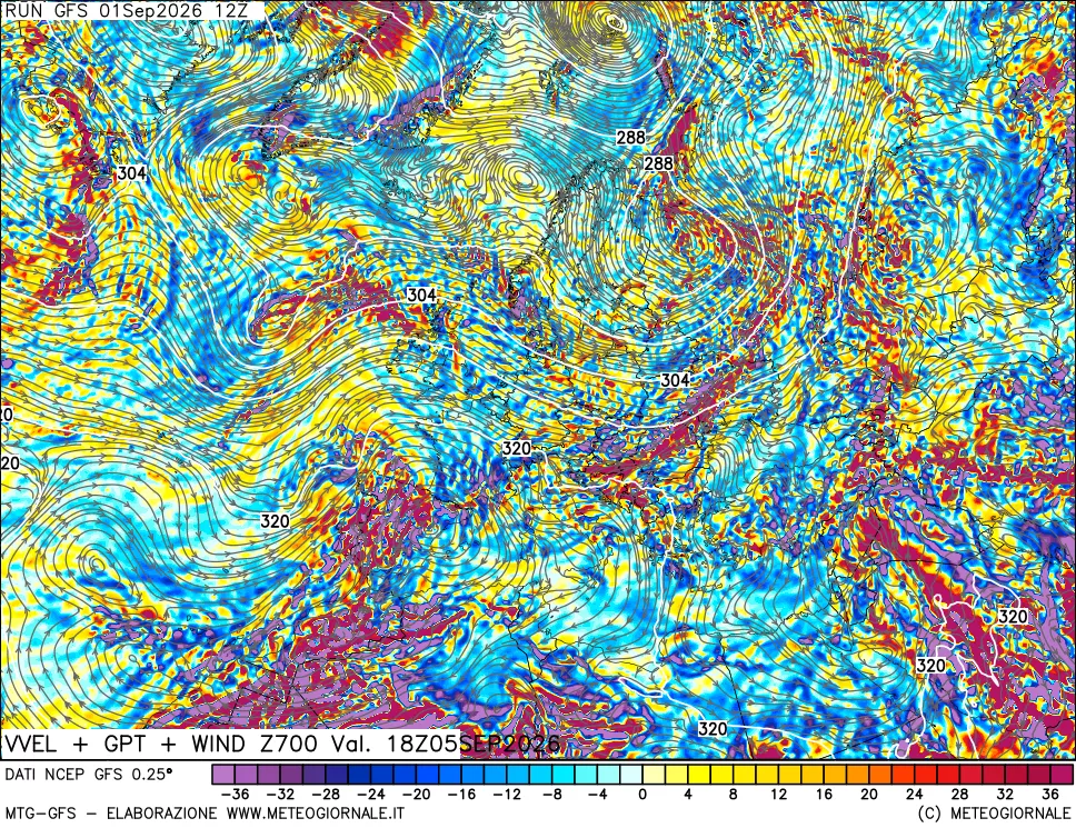 mappa 700 hPa Velocità verticiali + GPT + Vento