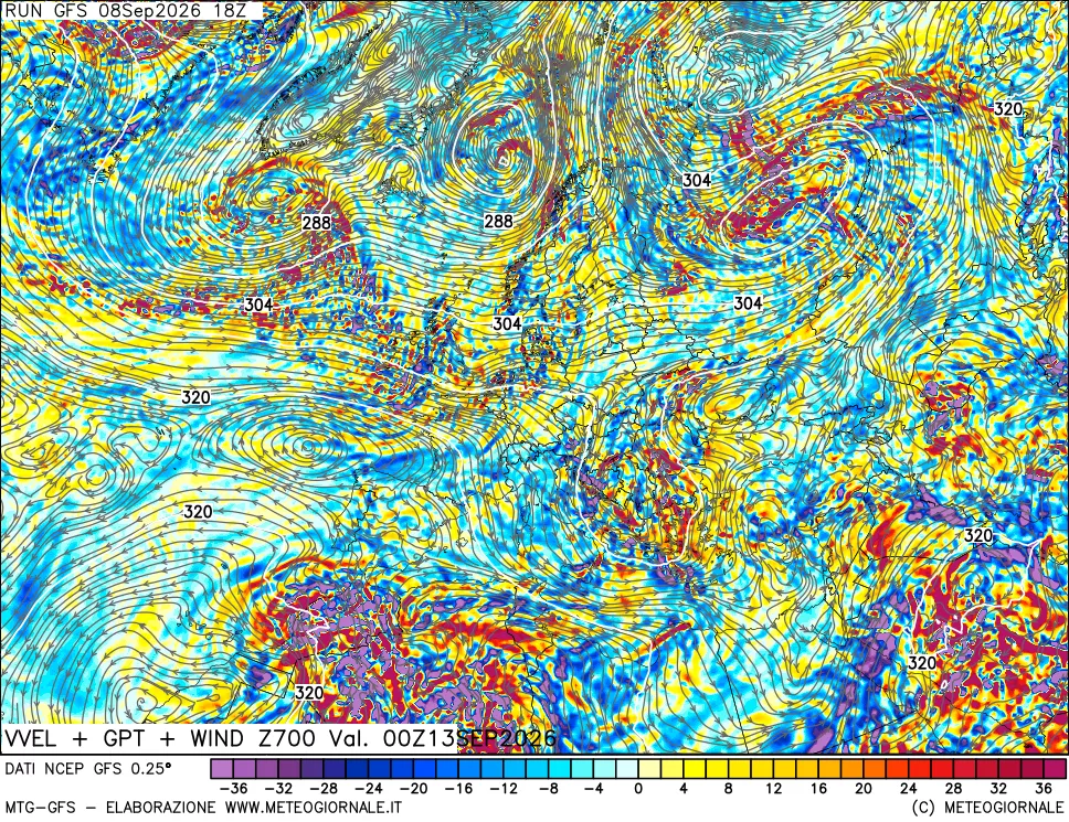 mappa 700 hPa Velocità verticiali + GPT + Vento
