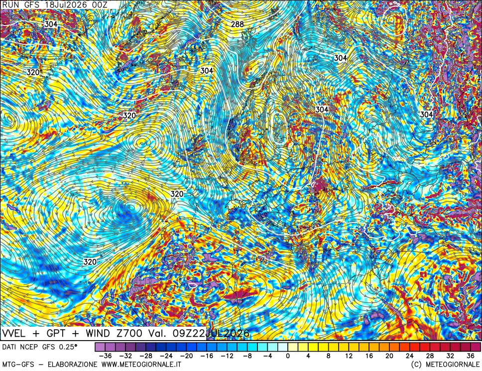 mappa 700 hPa Velocità verticiali + GPT + Vento