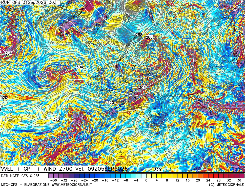 mappa 700 hPa Velocità verticiali + GPT + Vento