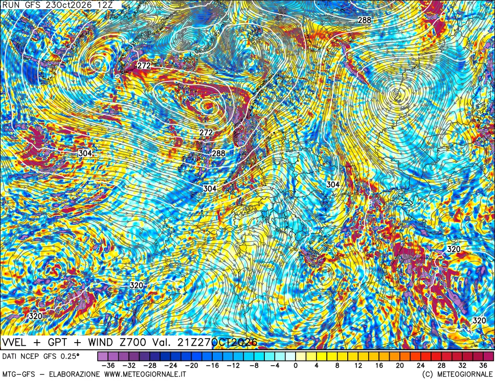 mappa 700 hPa Velocità verticiali + GPT + Vento