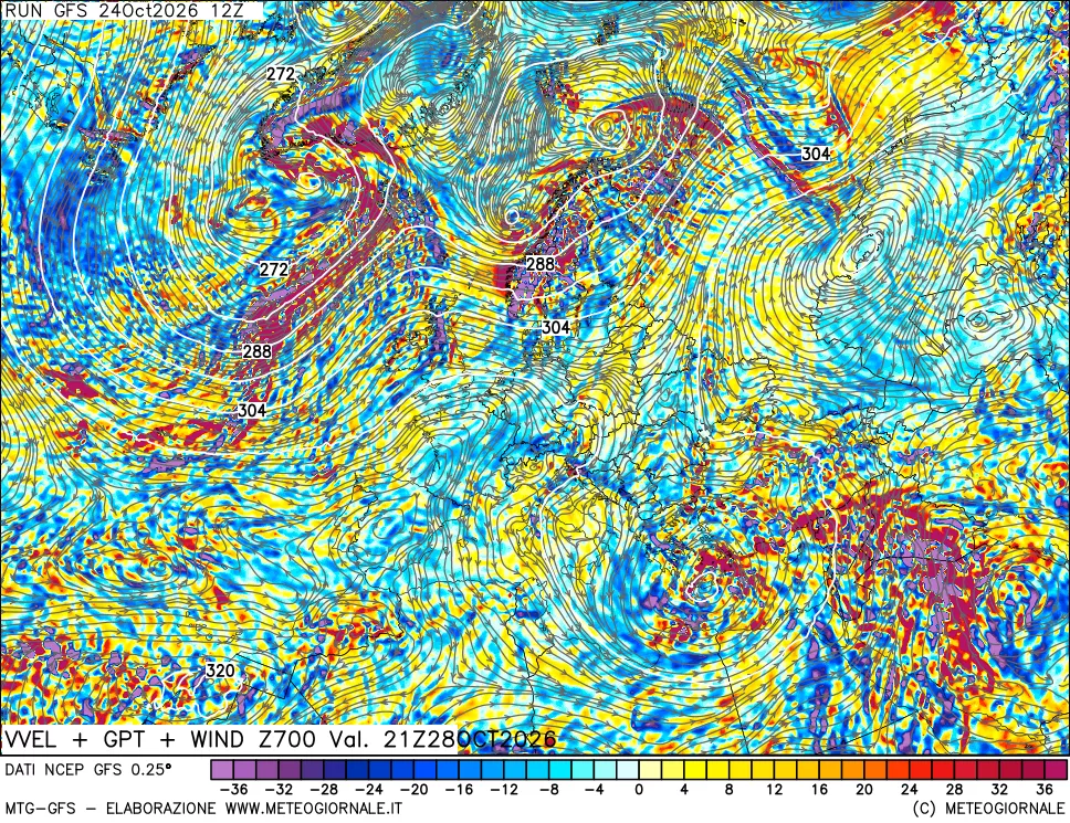 mappa 700 hPa Velocità verticiali + GPT + Vento
