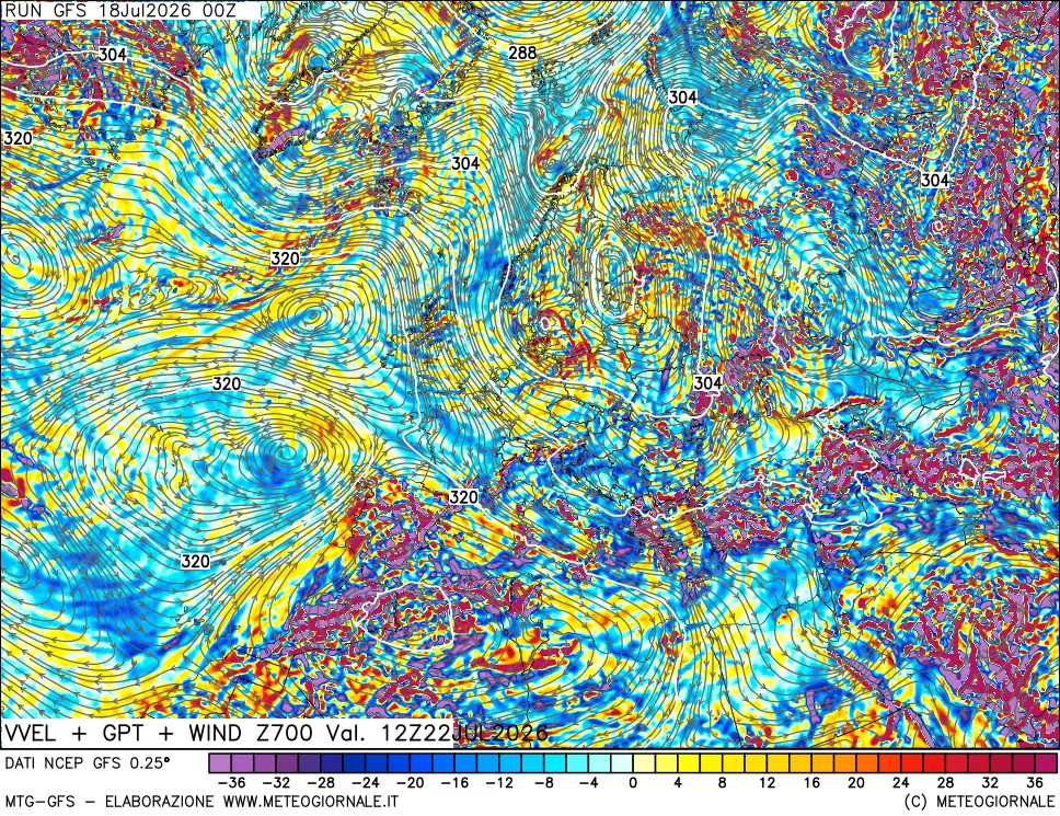mappa 700 hPa Velocità verticiali + GPT + Vento