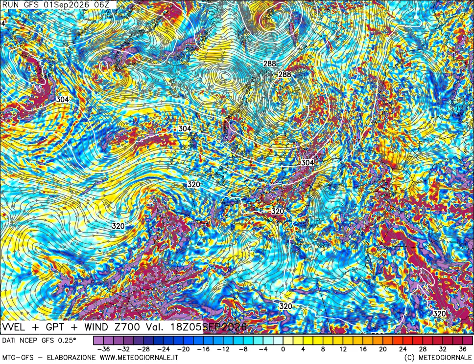 mappa 700 hPa Velocità verticiali + GPT + Vento