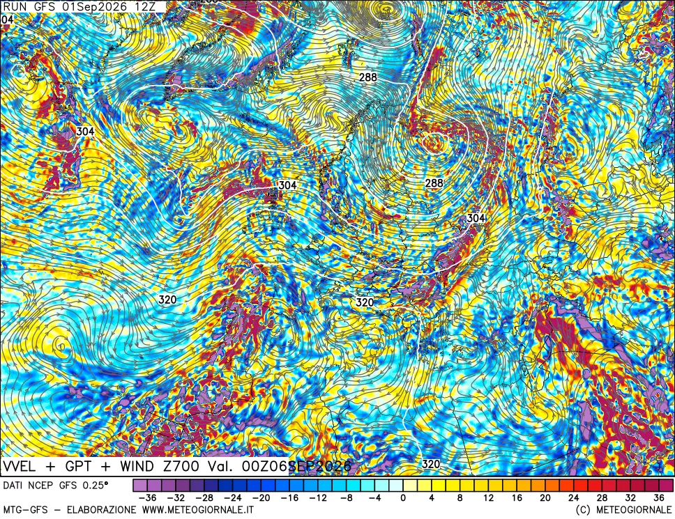 mappa 700 hPa Velocità verticiali + GPT + Vento