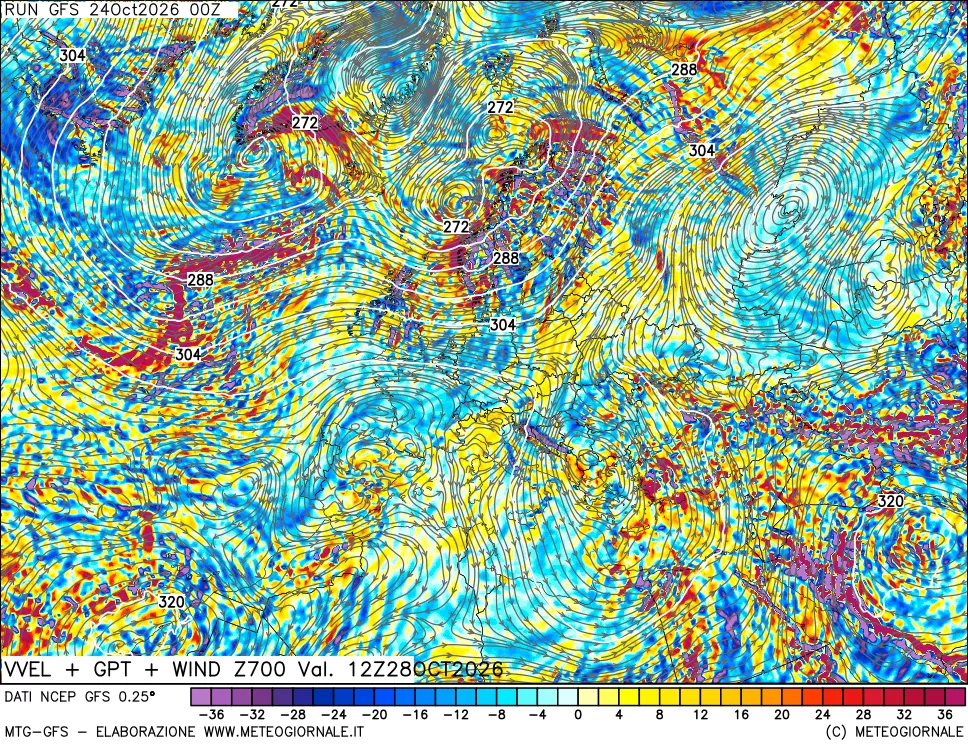 mappa 700 hPa Velocità verticiali + GPT + Vento