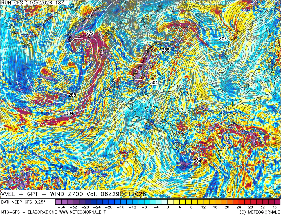 mappa 700 hPa Velocità verticiali + GPT + Vento