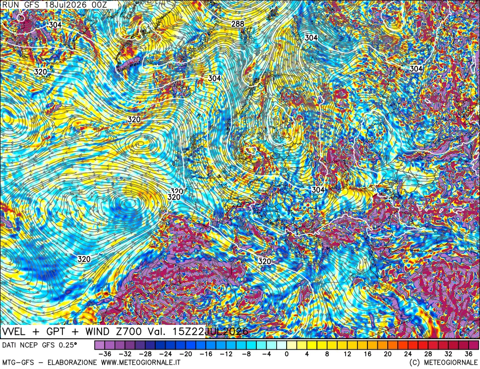 mappa 700 hPa Velocità verticiali + GPT + Vento