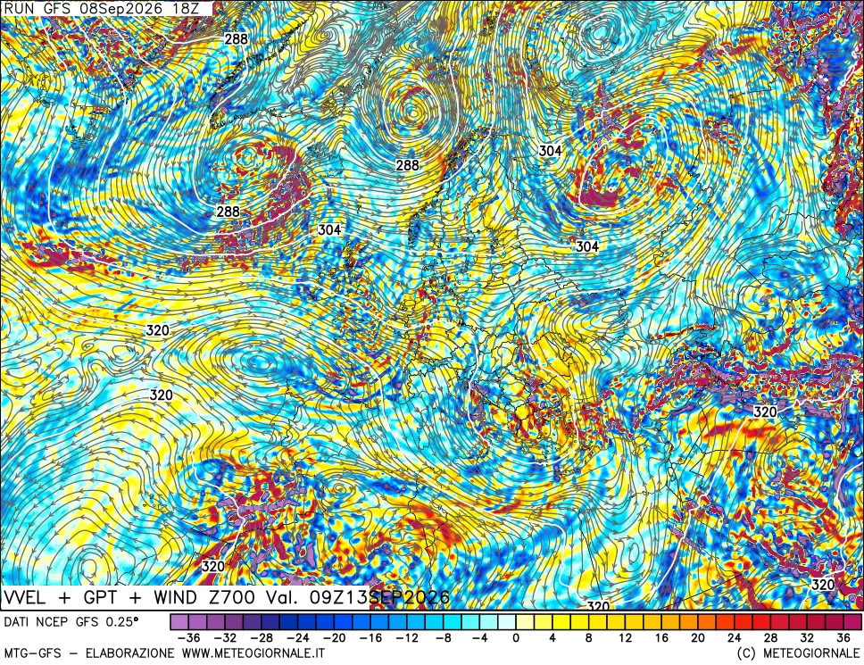 mappa 700 hPa Velocità verticiali + GPT + Vento