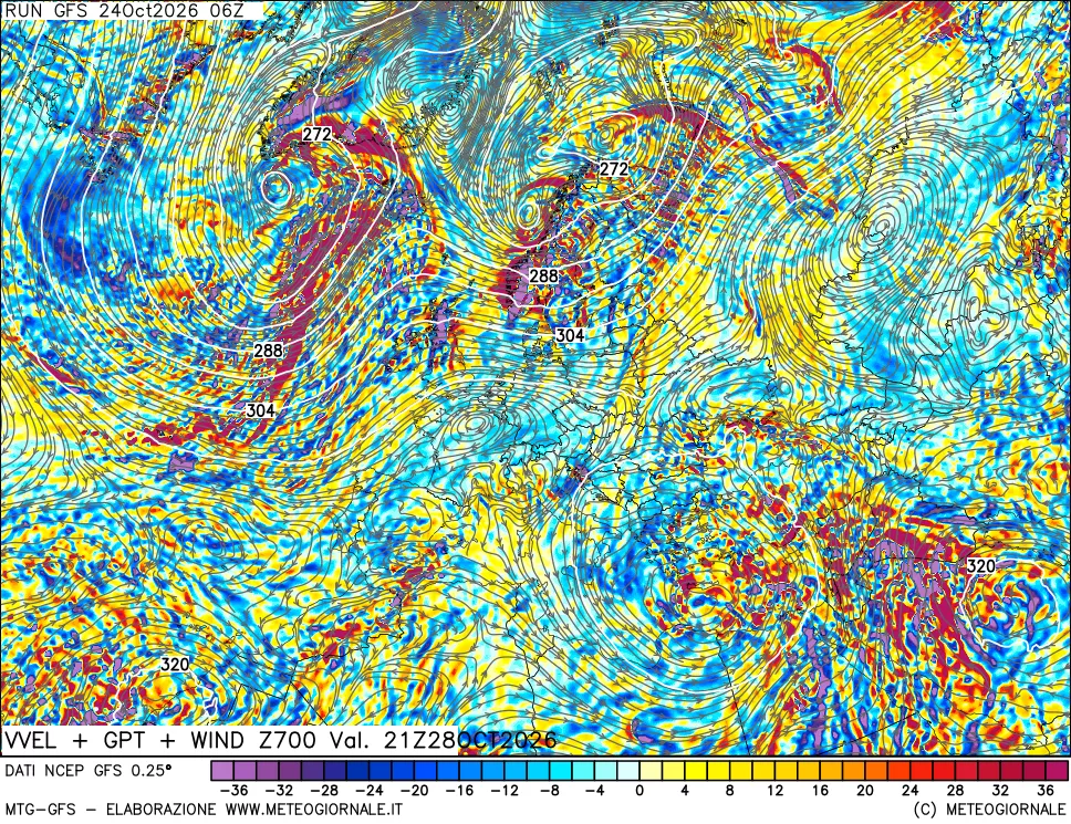 mappa 700 hPa Velocità verticiali + GPT + Vento