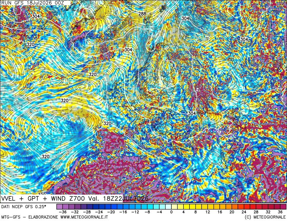 mappa 700 hPa Velocità verticiali + GPT + Vento