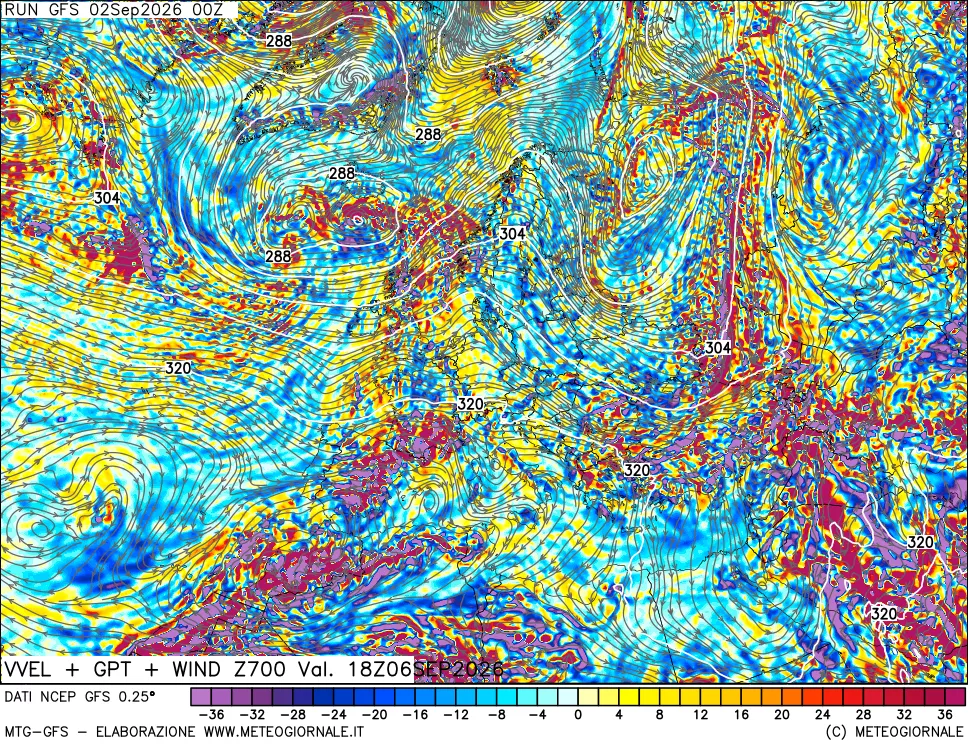 mappa 700 hPa Velocità verticiali + GPT + Vento