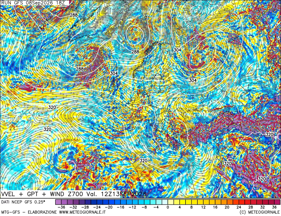 mappa 700 hPa Velocità verticiali + GPT + Vento