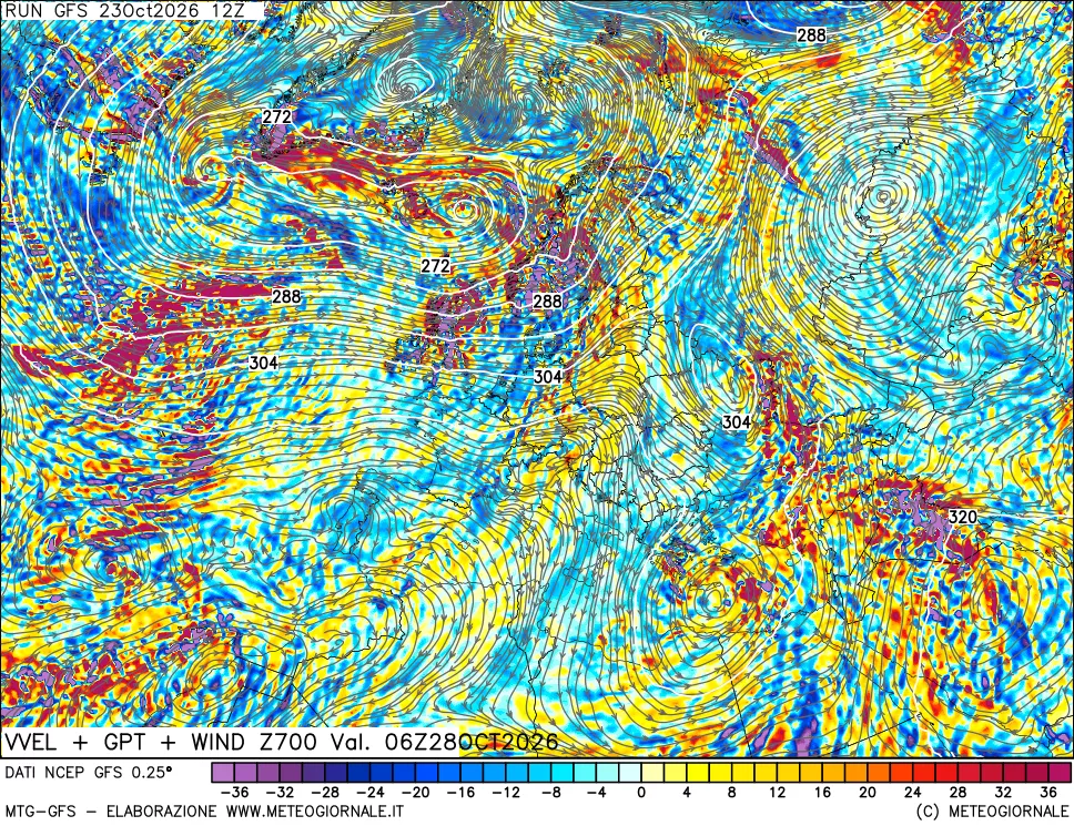 mappa 700 hPa Velocità verticiali + GPT + Vento