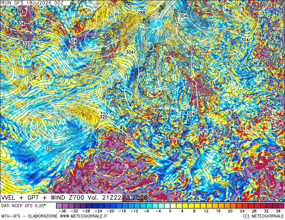 mappa 700 hPa Velocità verticiali + GPT + Vento