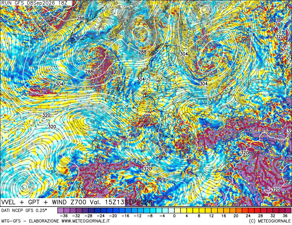 mappa 700 hPa Velocità verticiali + GPT + Vento