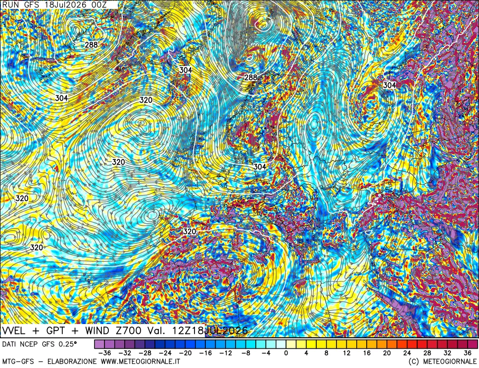 mappa 700 hPa Velocità verticiali + GPT + Vento