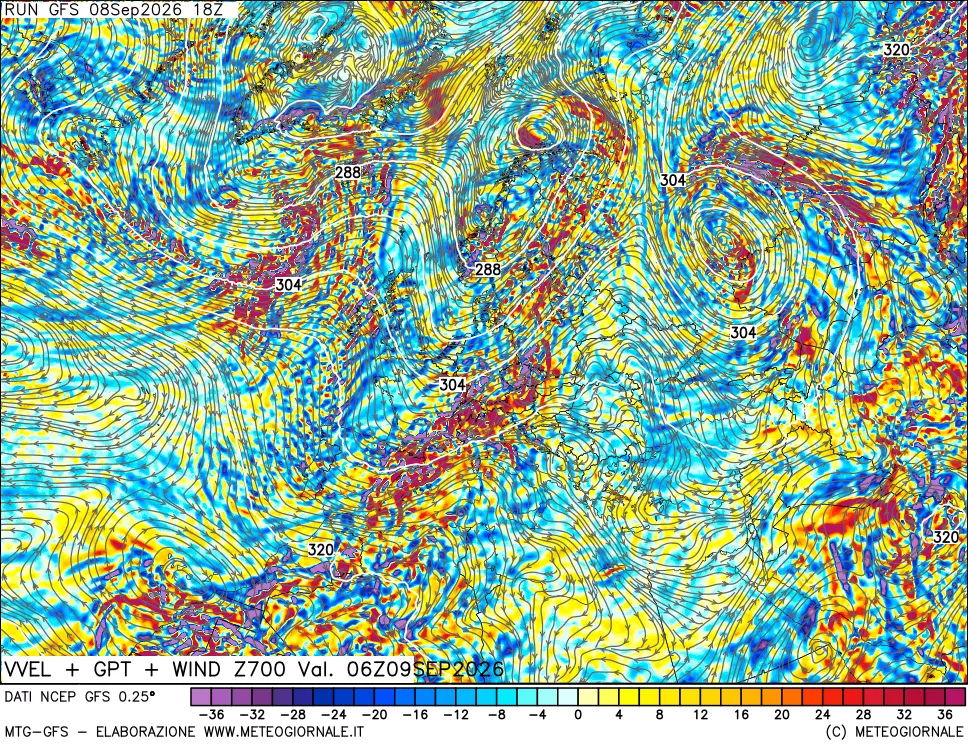 mappa 700 hPa Velocità verticiali + GPT + Vento