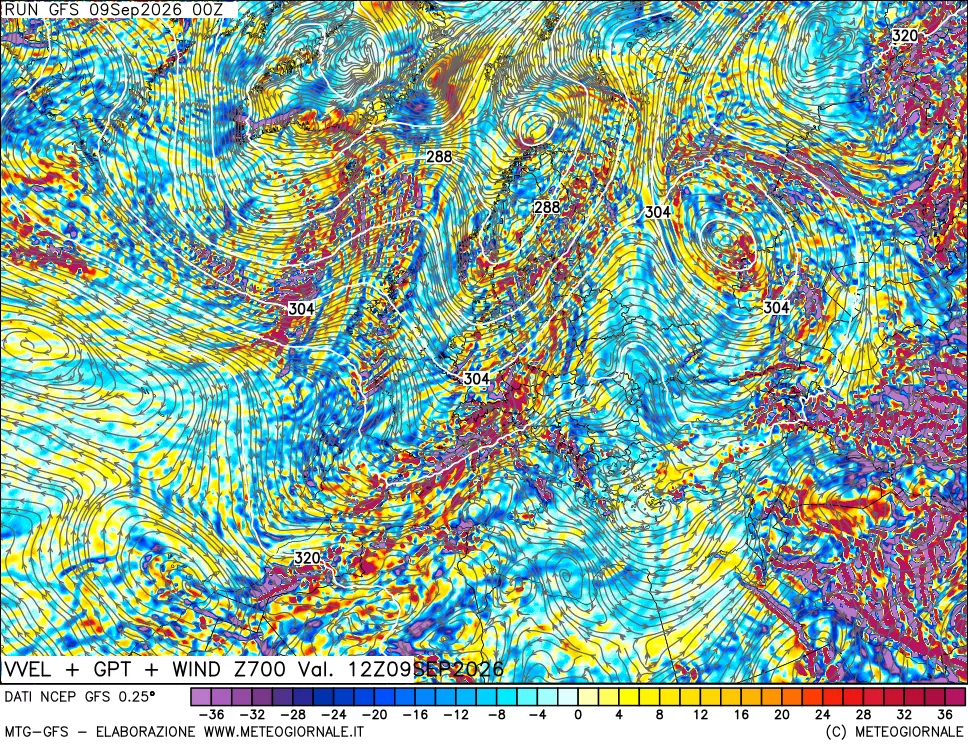 mappa 700 hPa Velocità verticiali + GPT + Vento