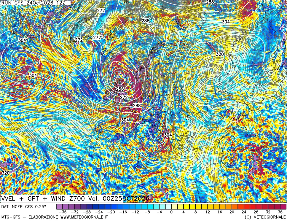 mappa 700 hPa Velocità verticiali + GPT + Vento