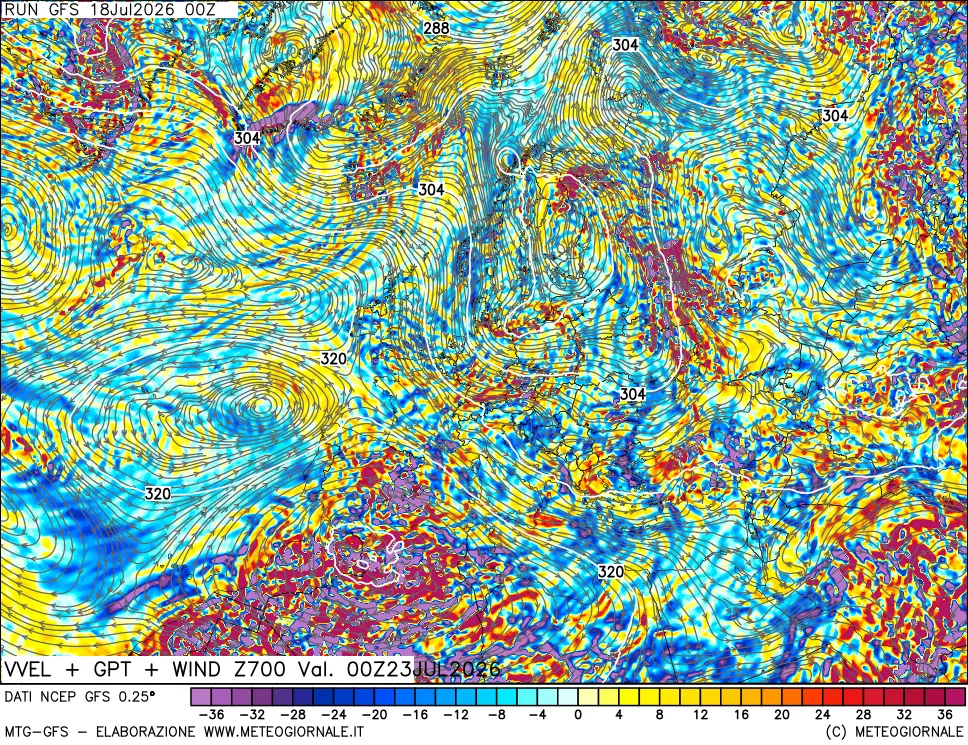 mappa 700 hPa Velocità verticiali + GPT + Vento