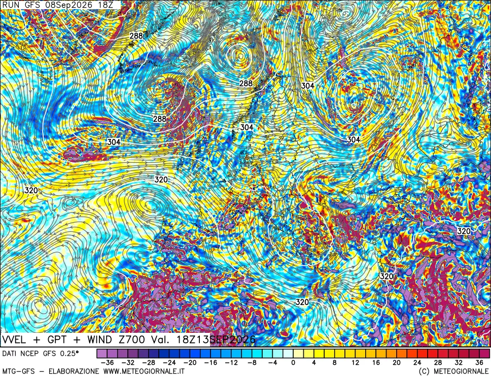 mappa 700 hPa Velocità verticiali + GPT + Vento