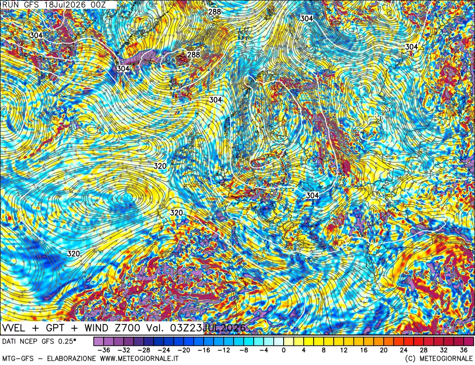 mappa 700 hPa Velocità verticiali + GPT + Vento