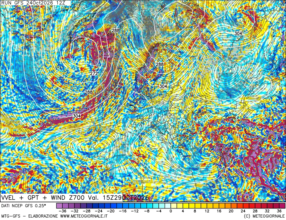 mappa 700 hPa Velocità verticiali + GPT + Vento