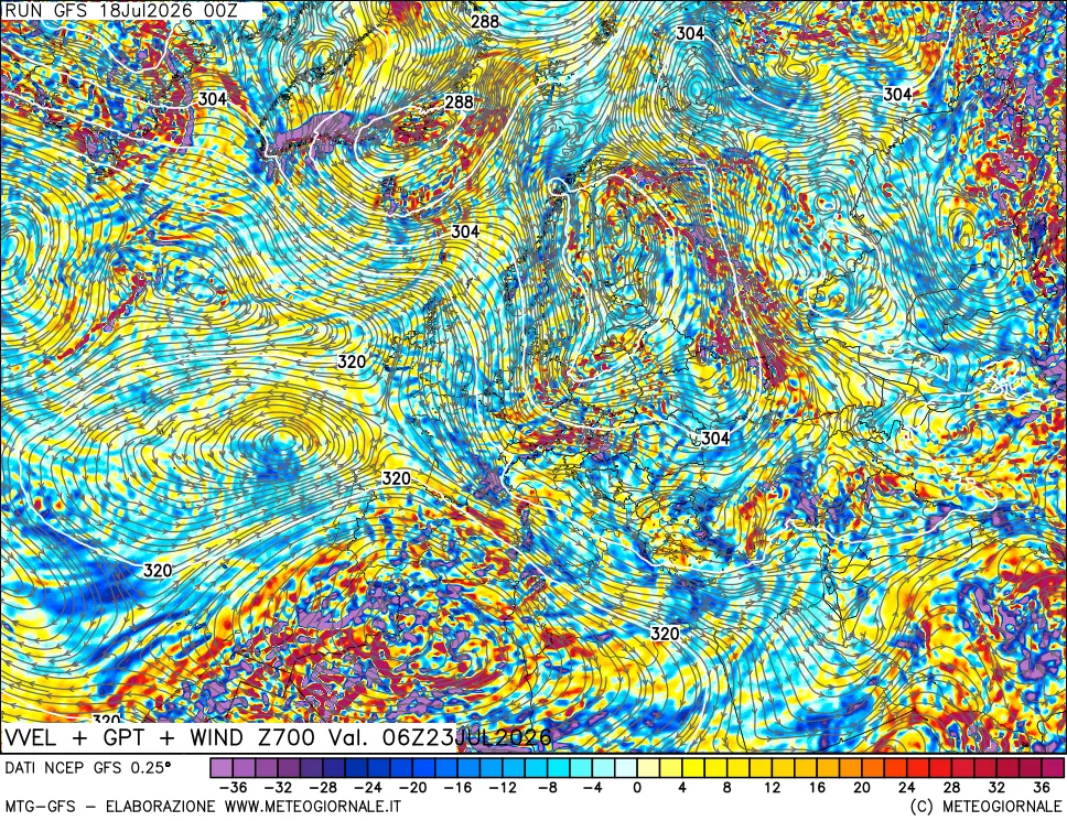 mappa 700 hPa Velocità verticiali + GPT + Vento