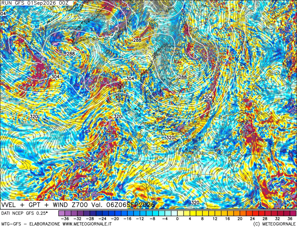 mappa 700 hPa Velocità verticiali + GPT + Vento