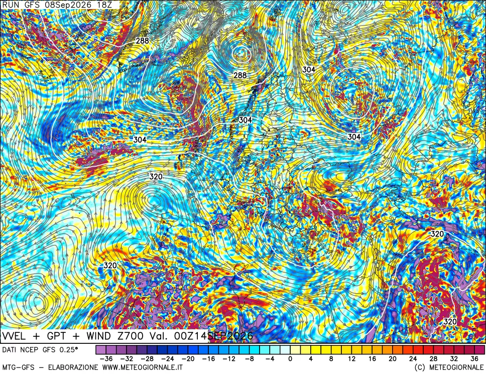 mappa 700 hPa Velocità verticiali + GPT + Vento