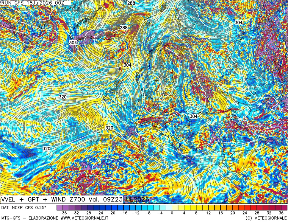 mappa 700 hPa Velocità verticiali + GPT + Vento