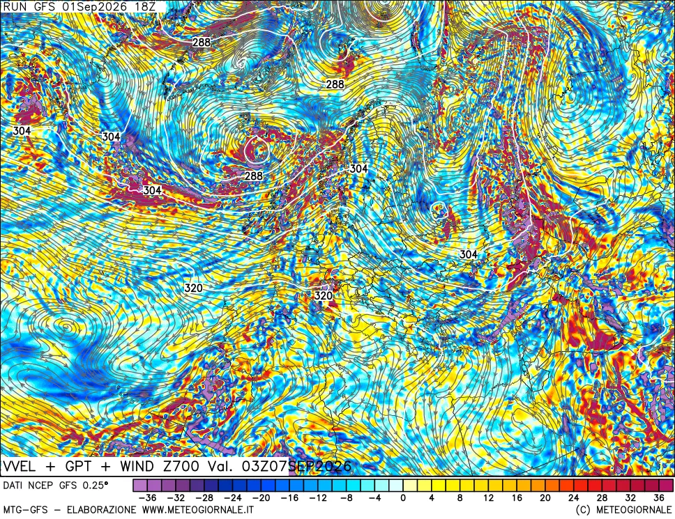 mappa 700 hPa Velocità verticiali + GPT + Vento