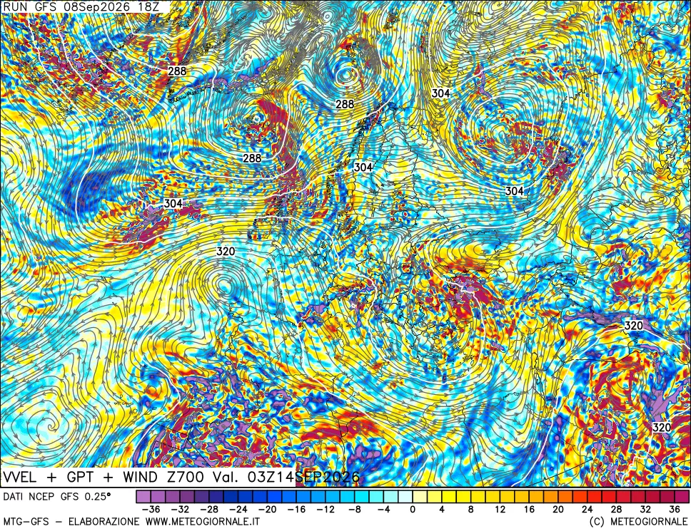 mappa 700 hPa Velocità verticiali + GPT + Vento