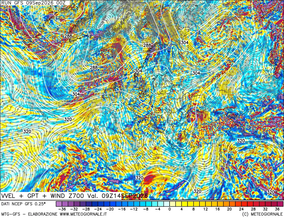 mappa 700 hPa Velocità verticiali + GPT + Vento