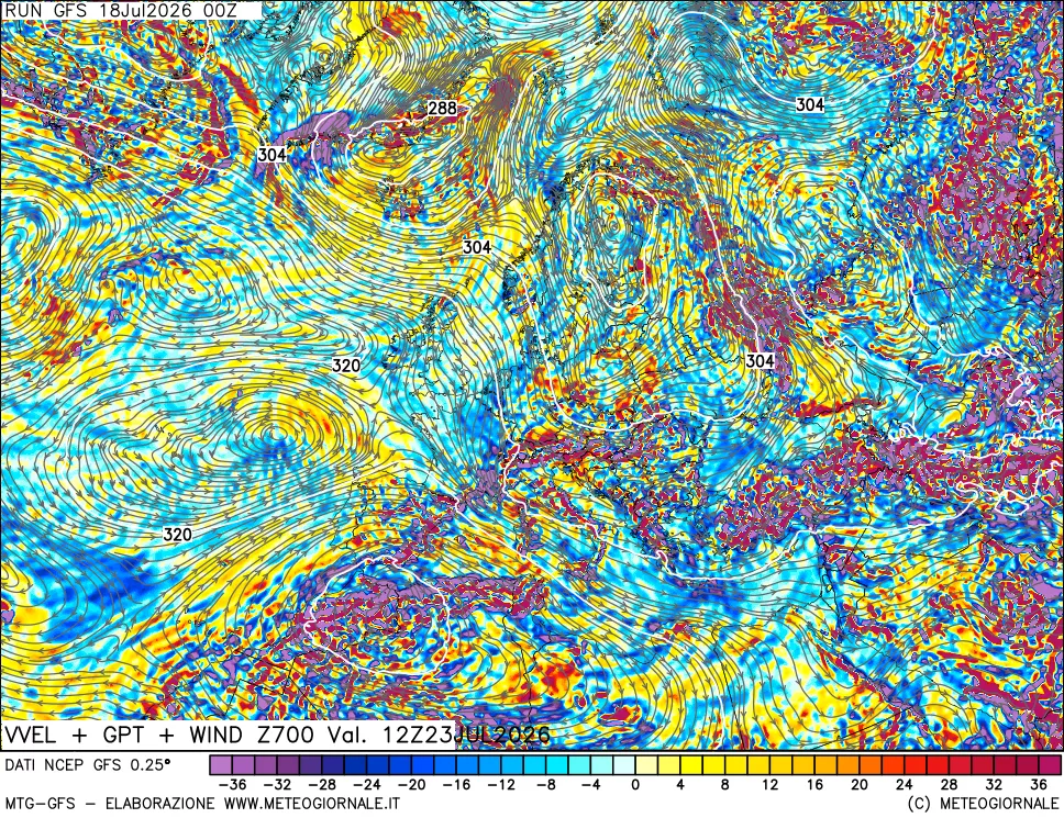 mappa 700 hPa Velocità verticiali + GPT + Vento