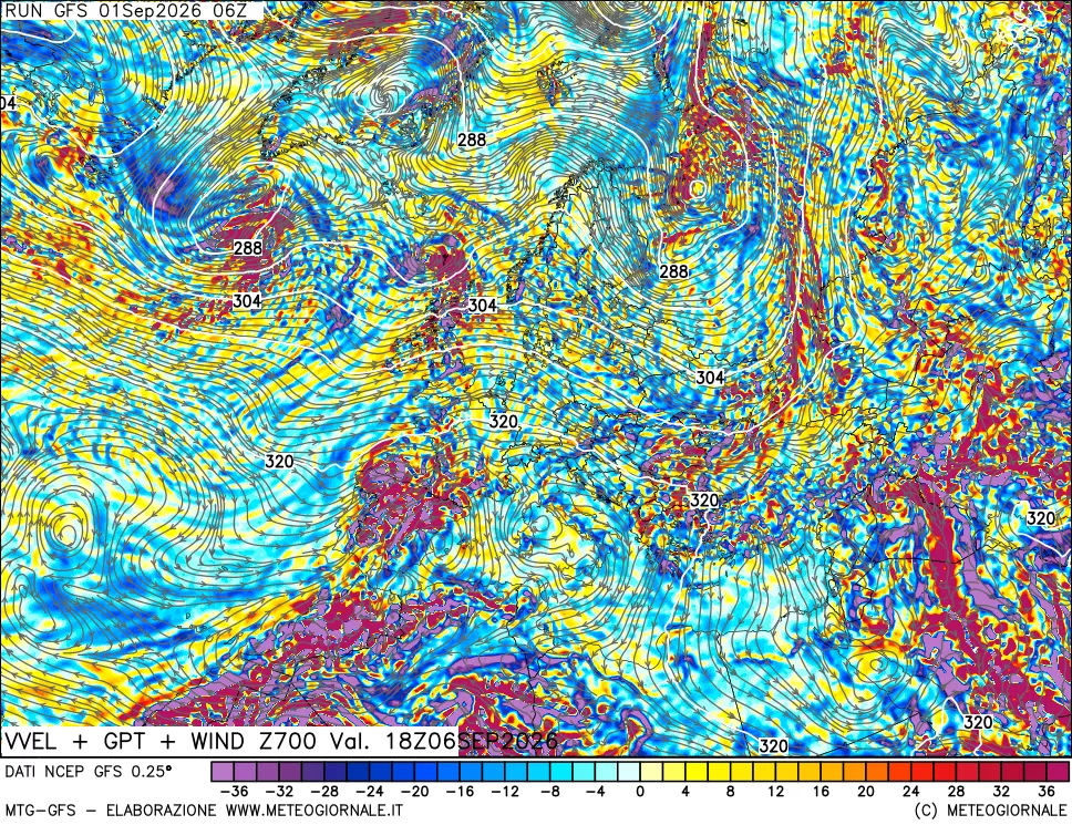 mappa 700 hPa Velocità verticiali + GPT + Vento