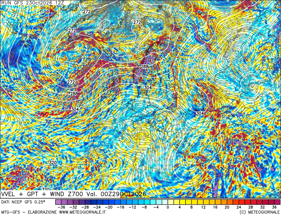 mappa 700 hPa Velocità verticiali + GPT + Vento