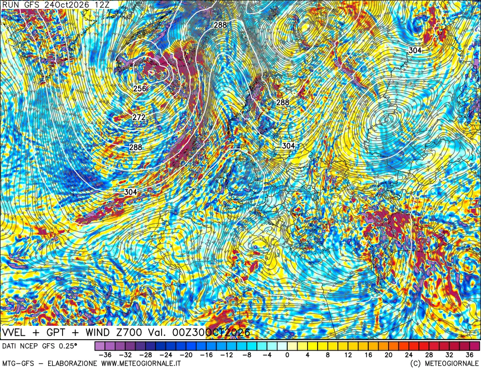 mappa 700 hPa Velocità verticiali + GPT + Vento