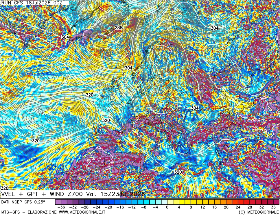 mappa 700 hPa Velocità verticiali + GPT + Vento