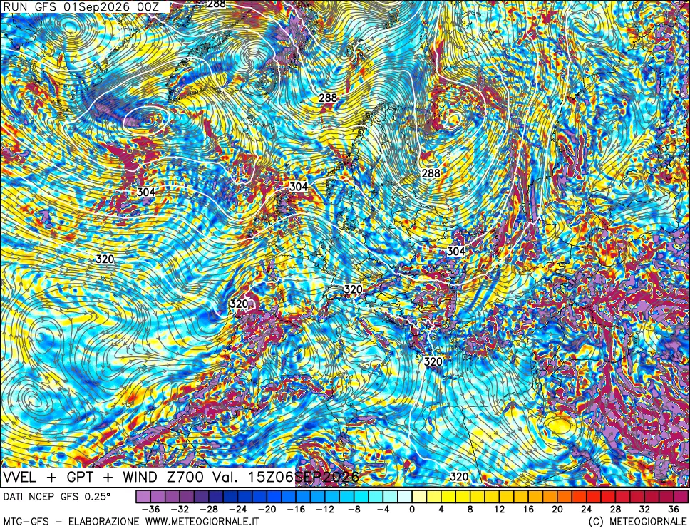 mappa 700 hPa Velocità verticiali + GPT + Vento
