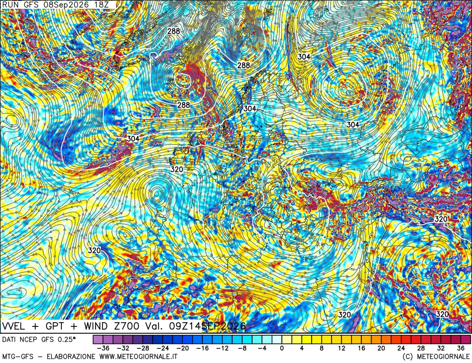 mappa 700 hPa Velocità verticiali + GPT + Vento