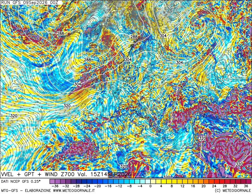 mappa 700 hPa Velocità verticiali + GPT + Vento