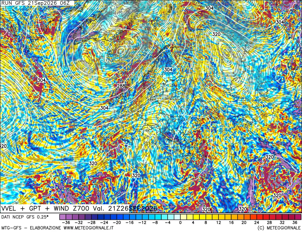 mappa 700 hPa Velocità verticiali + GPT + Vento