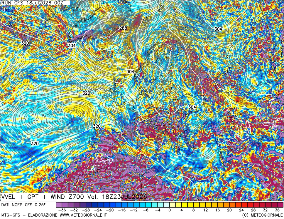 mappa 700 hPa Velocità verticiali + GPT + Vento