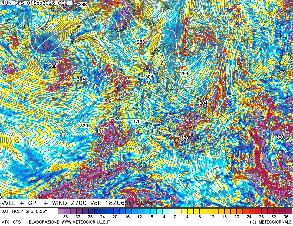 mappa 700 hPa Velocità verticiali + GPT + Vento