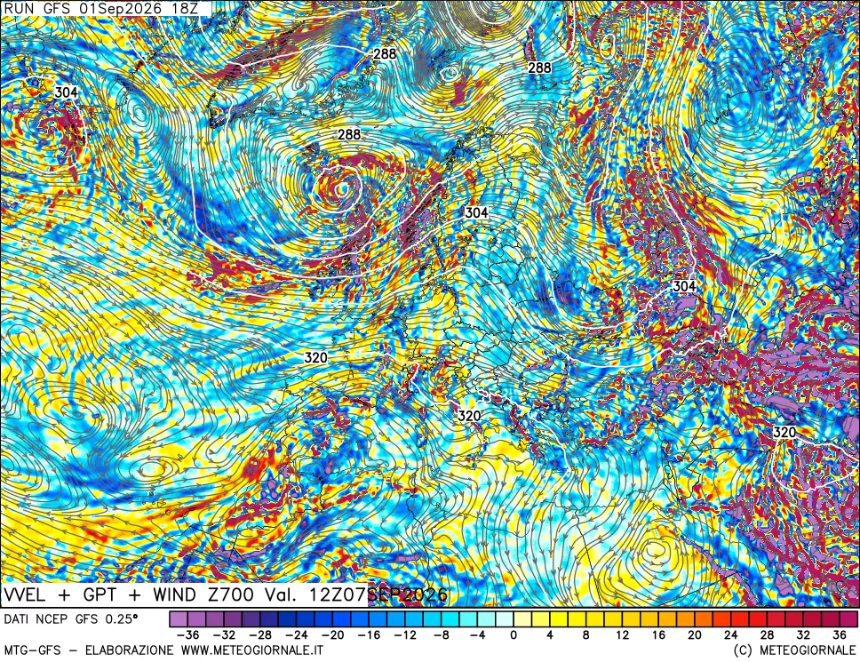 mappa 700 hPa Velocità verticiali + GPT + Vento